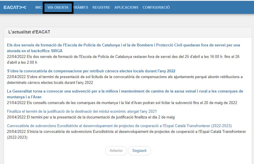 imatge amb l'opció VIAOBERT d'EACAT remarcada